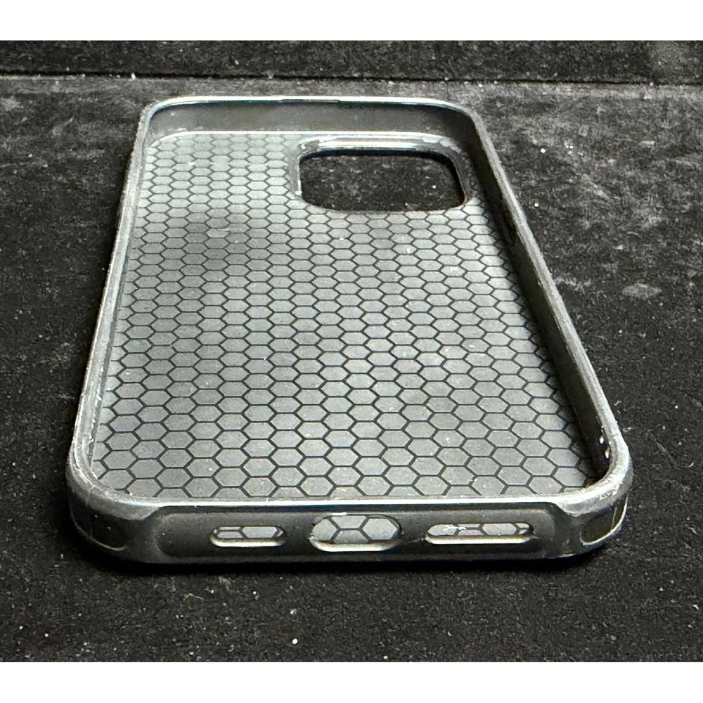 iPhone 14 Pro Max Case: Brown Faux Leather, Honeycomb Shockproof, Gray Frame